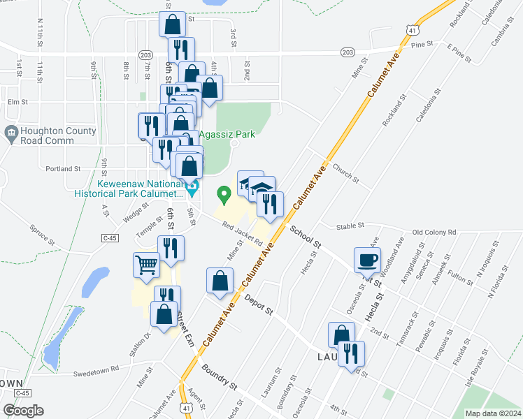 map of restaurants, bars, coffee shops, grocery stores, and more near 57395 Mine Street in Calumet Township