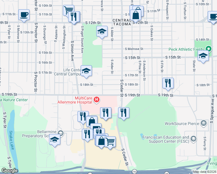 map of restaurants, bars, coffee shops, grocery stores, and more near 3131 South 18th Street in Tacoma