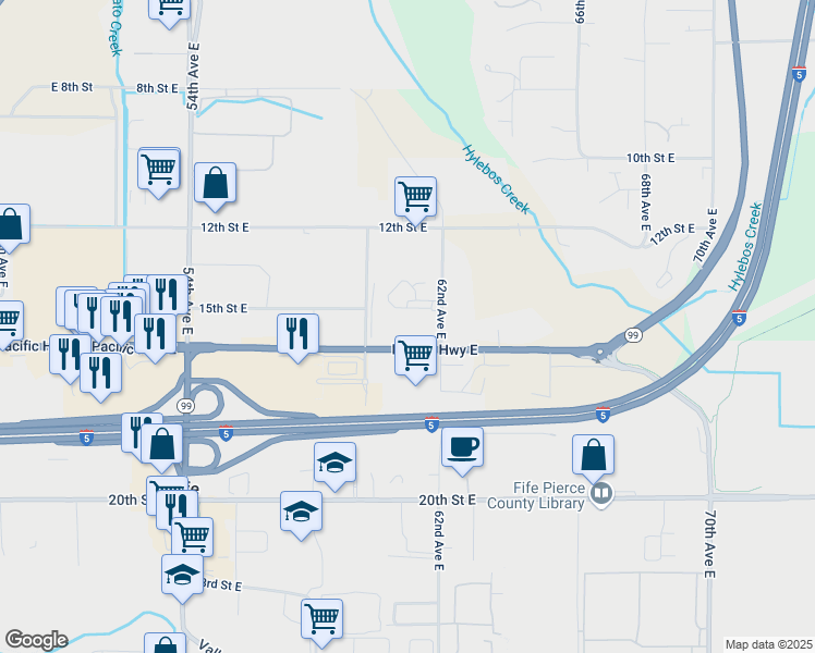 map of restaurants, bars, coffee shops, grocery stores, and more near 1316 62nd Avenue East in Fife