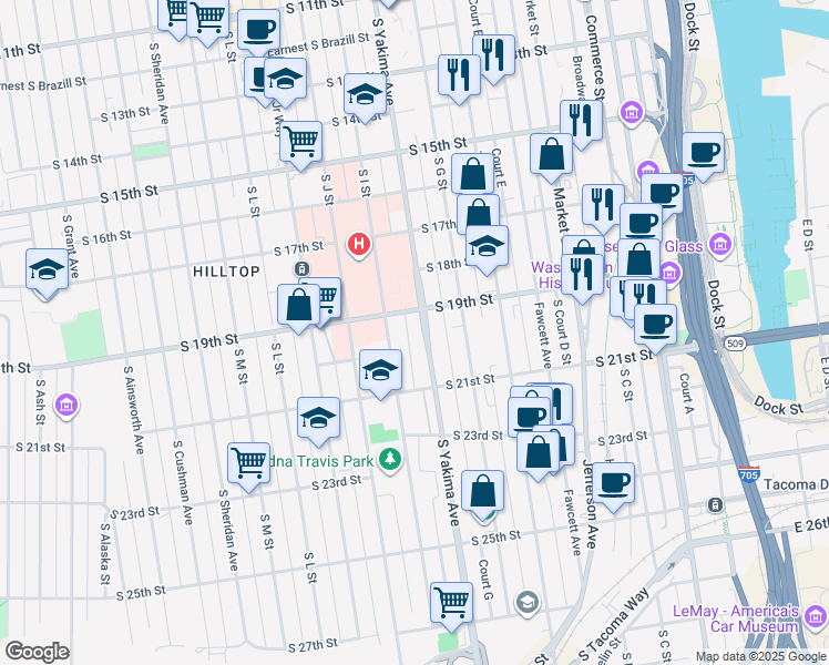 map of restaurants, bars, coffee shops, grocery stores, and more near 1901 South I Street in Tacoma