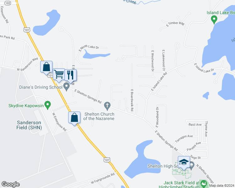map of restaurants, bars, coffee shops, grocery stores, and more near 50 East Springwood Drive in Shelton