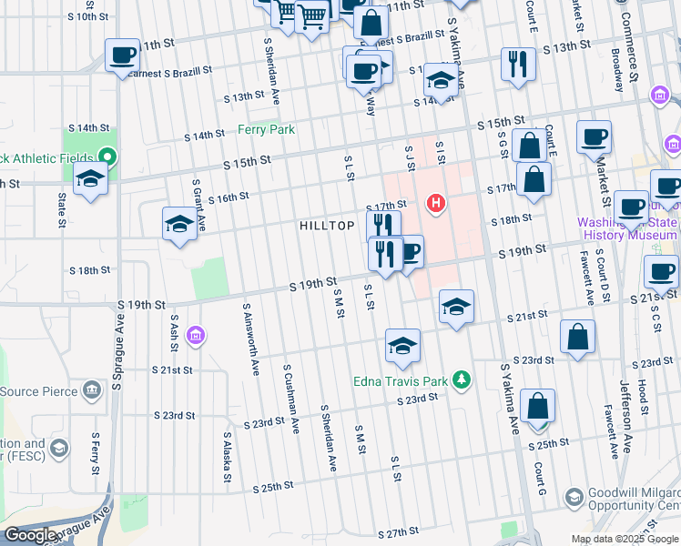 map of restaurants, bars, coffee shops, grocery stores, and more near 1743 South M Street in Tacoma