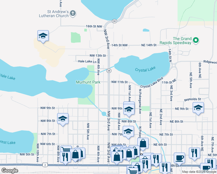 map of restaurants, bars, coffee shops, grocery stores, and more near 1024 Northwest 3rd Avenue in Grand Rapids