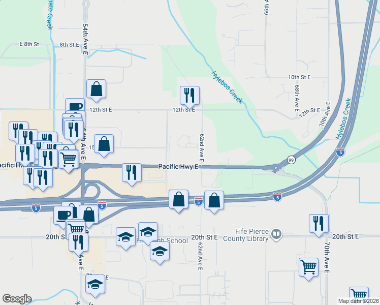 map of restaurants, bars, coffee shops, grocery stores, and more near 1410 62nd Avenue East in Fife