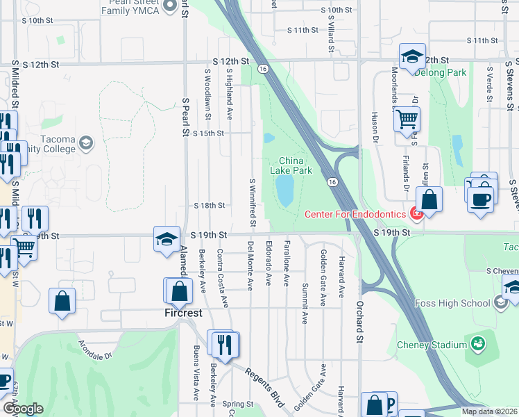 map of restaurants, bars, coffee shops, grocery stores, and more near 1801 South Winnifred Street in Tacoma