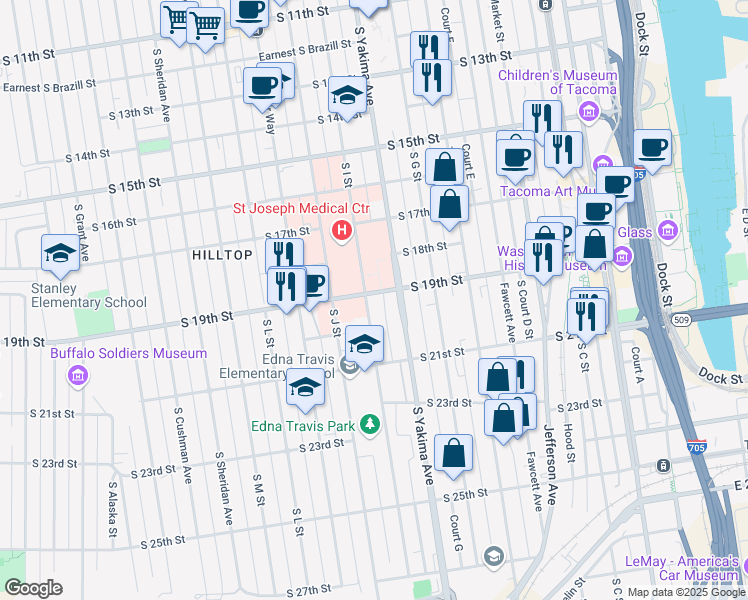 map of restaurants, bars, coffee shops, grocery stores, and more near 1901 South I Street in Tacoma