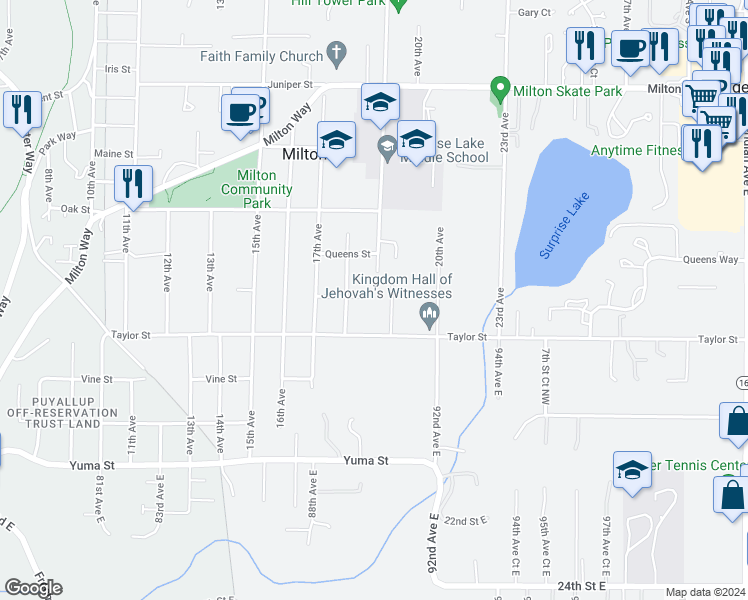 map of restaurants, bars, coffee shops, grocery stores, and more near 1809 Redwood Street in Milton