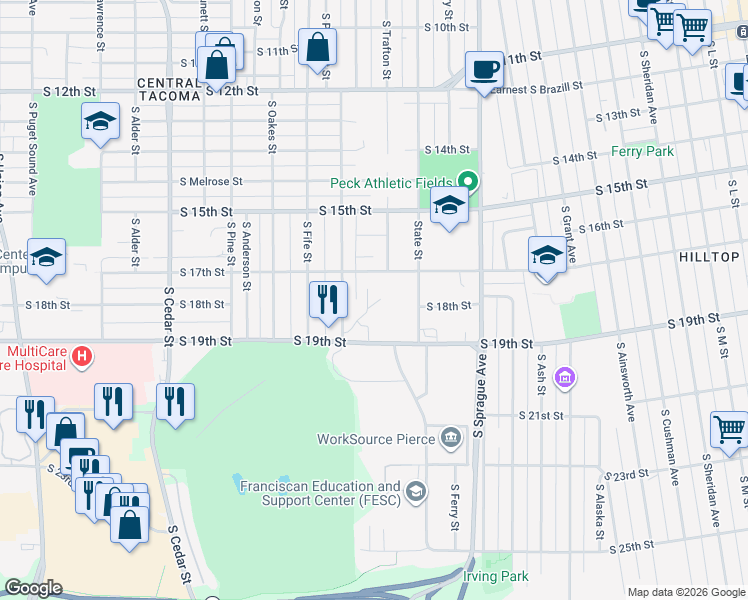 map of restaurants, bars, coffee shops, grocery stores, and more near 1722 S Prospect Ln in Tacoma