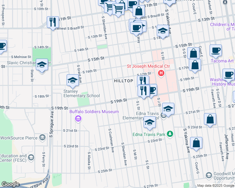 map of restaurants, bars, coffee shops, grocery stores, and more near 1737 South Sheridan Avenue in Tacoma