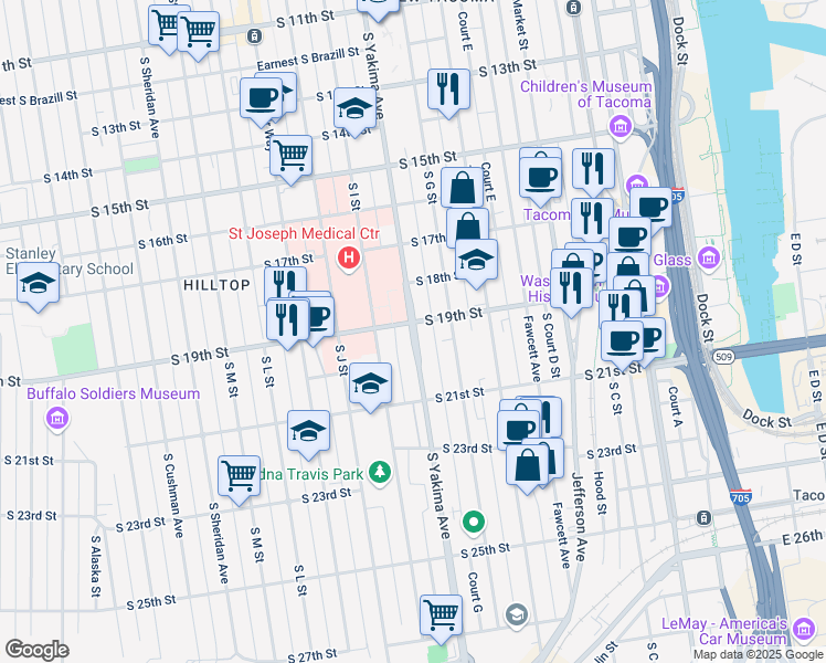 map of restaurants, bars, coffee shops, grocery stores, and more near 712-716 South 19th Street in Tacoma