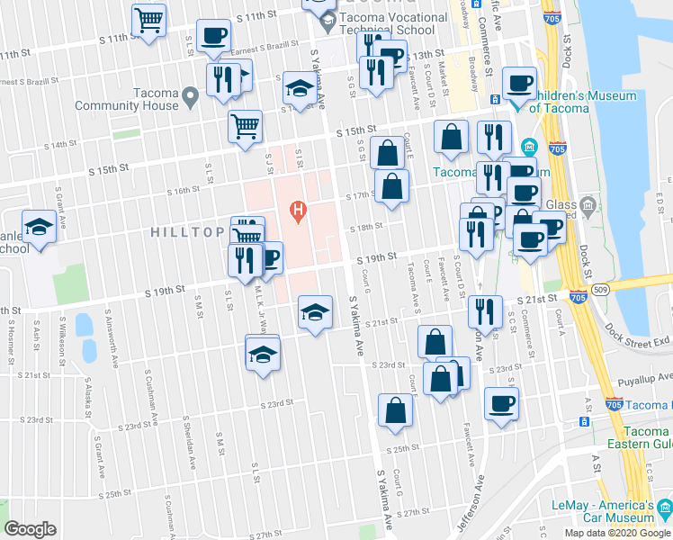 map of restaurants, bars, coffee shops, grocery stores, and more near 1901 South I Street in Tacoma