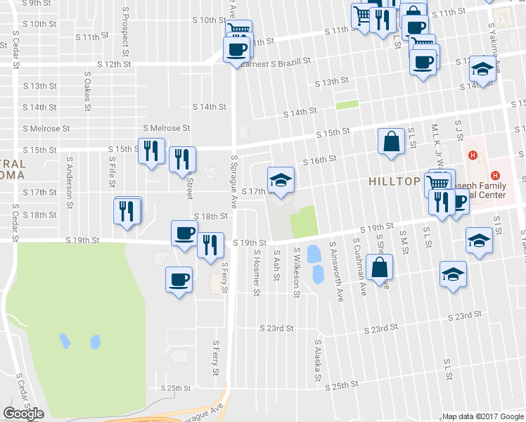 map of restaurants, bars, coffee shops, grocery stores, and more near 1801 South Hosmer Street in Tacoma