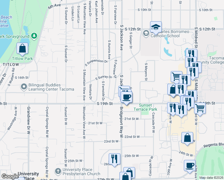 map of restaurants, bars, coffee shops, grocery stores, and more near 1730 South Fairview Drive in Tacoma