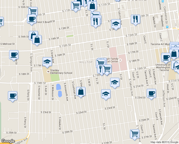 map of restaurants, bars, coffee shops, grocery stores, and more near 1743 S M St in Tacoma