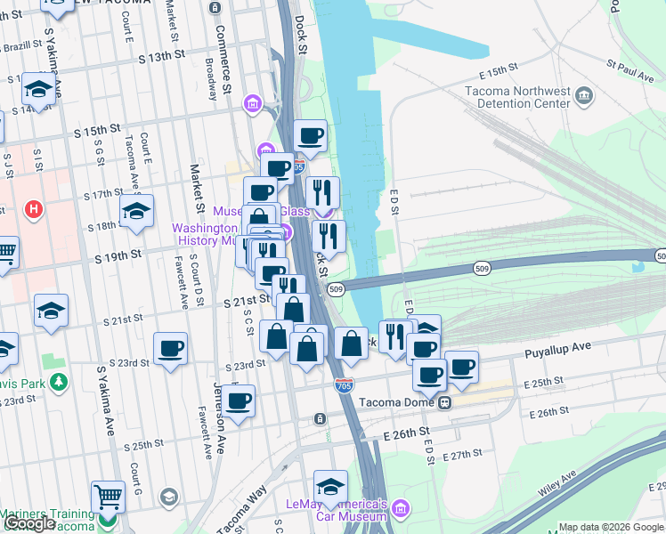 map of restaurants, bars, coffee shops, grocery stores, and more near 1933 Dock Street in Tacoma