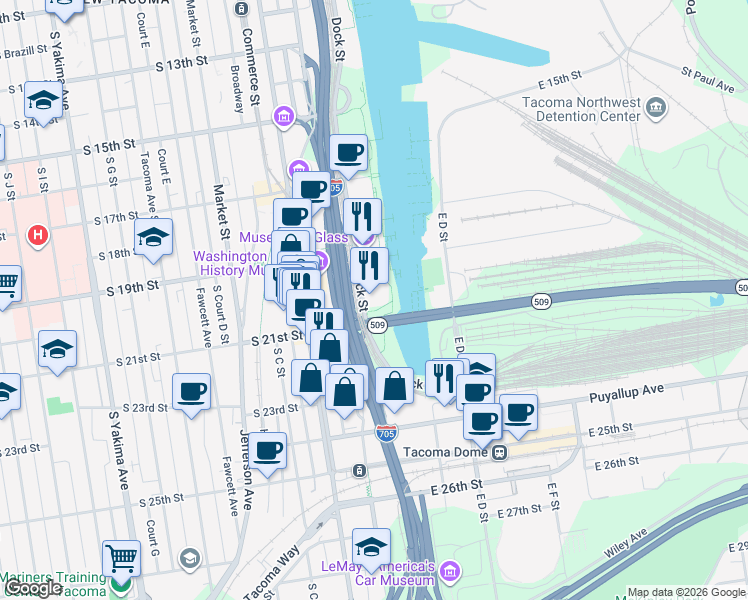 map of restaurants, bars, coffee shops, grocery stores, and more near 1933 Dock Street in Tacoma