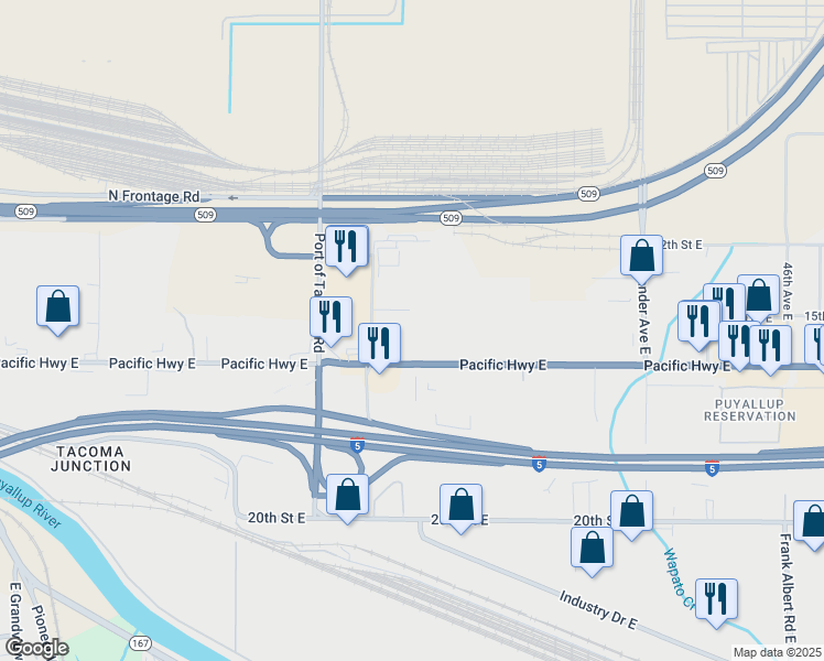 map of restaurants, bars, coffee shops, grocery stores, and more near 3501 Pacific Highway East in Fife