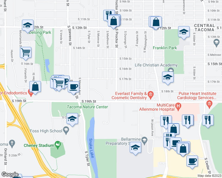 map of restaurants, bars, coffee shops, grocery stores, and more near 1730 South Proctor Street in Tacoma
