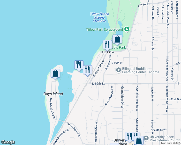 map of restaurants, bars, coffee shops, grocery stores, and more near 1672 South Wilton Road in Tacoma