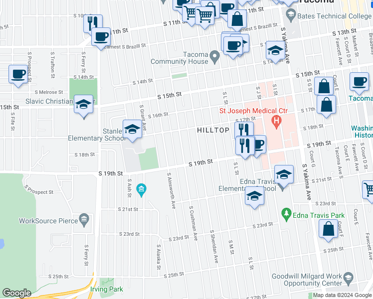 map of restaurants, bars, coffee shops, grocery stores, and more near 1731 South Cushman Avenue in Tacoma