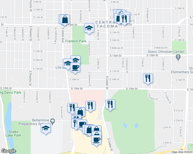 map of restaurants, bars, coffee shops, grocery stores, and more near 3131 South 18th Street in Tacoma