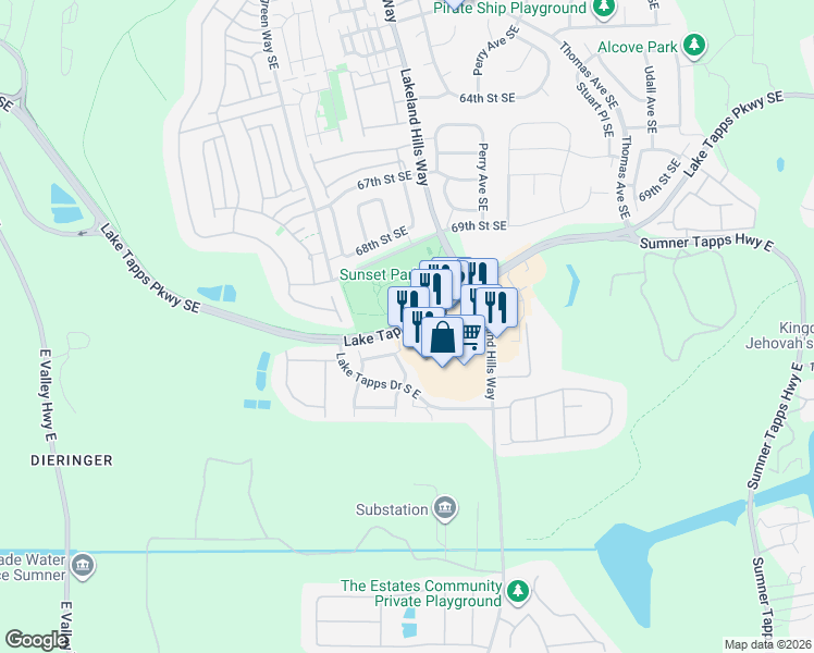map of restaurants, bars, coffee shops, grocery stores, and more near 1322 Lake Tapps Pkwy E in Auburn