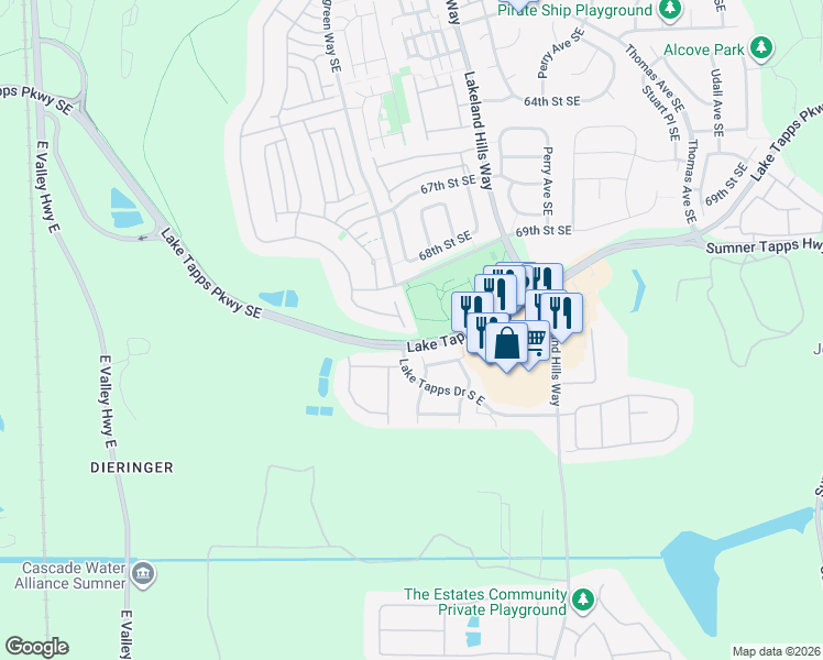 map of restaurants, bars, coffee shops, grocery stores, and more near 7178 Montevista Drive Southeast in Auburn