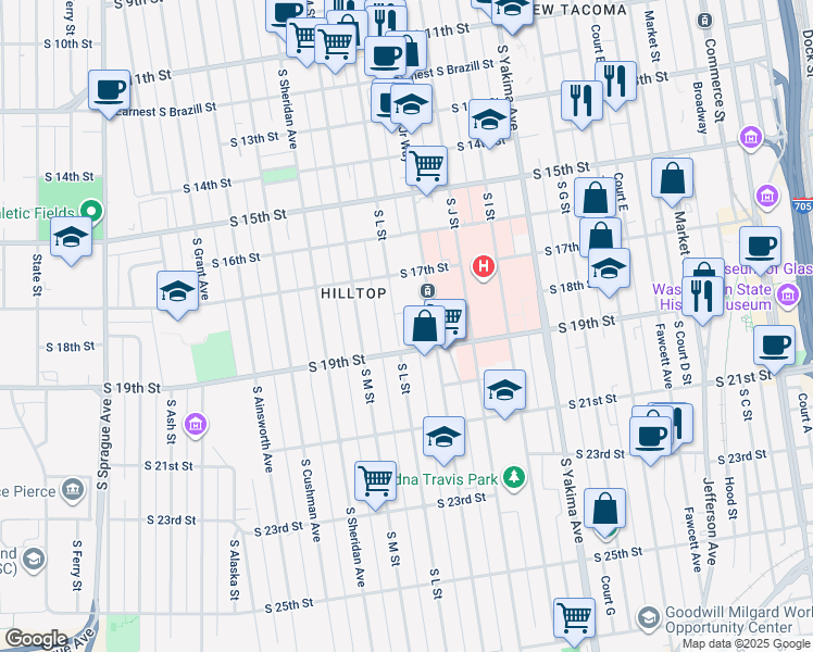 map of restaurants, bars, coffee shops, grocery stores, and more near 1807 South L Street in Tacoma