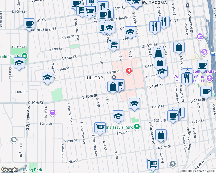 map of restaurants, bars, coffee shops, grocery stores, and more near 1807 South L Street in Tacoma