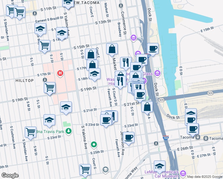map of restaurants, bars, coffee shops, grocery stores, and more near in Tacoma