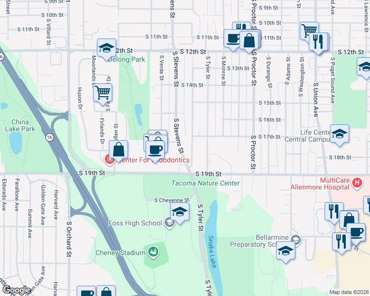 map of restaurants, bars, coffee shops, grocery stores, and more near 1825 South Stevens Street in Tacoma