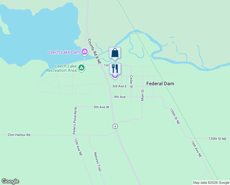 map of restaurants, bars, coffee shops, grocery stores, and more near 2 4th Street East in Bena