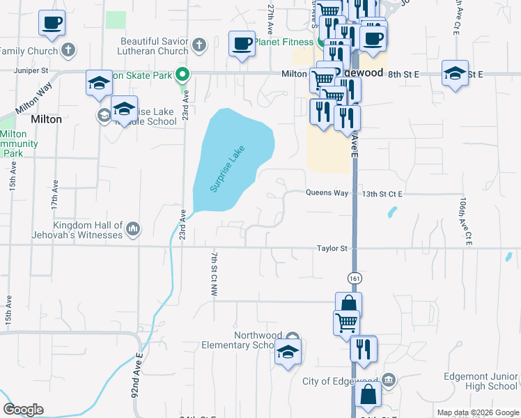 map of restaurants, bars, coffee shops, grocery stores, and more near 2800 Queens Way in Milton