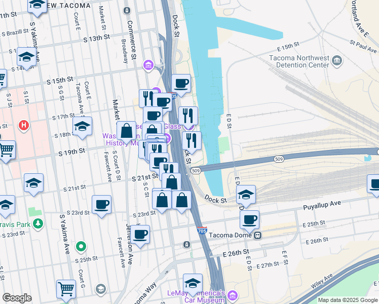 map of restaurants, bars, coffee shops, grocery stores, and more near 1988 Dock Street in Tacoma