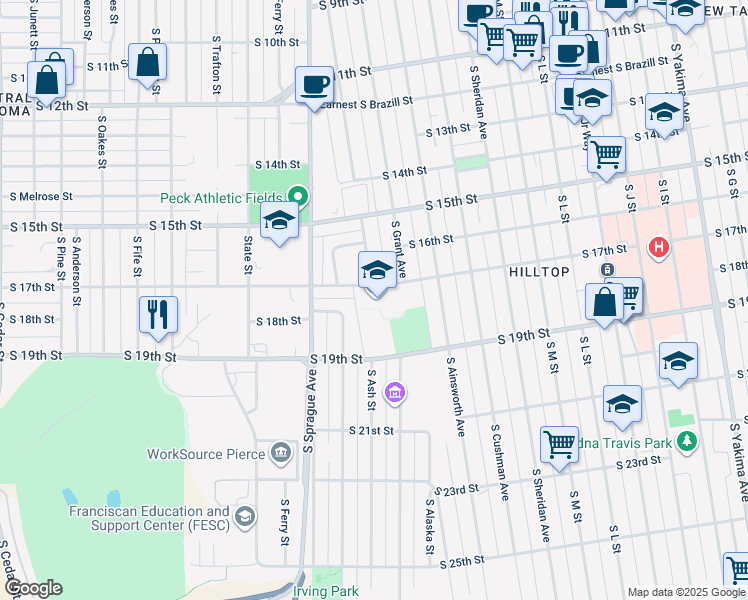 map of restaurants, bars, coffee shops, grocery stores, and more near 1712 South 17th Street in Tacoma