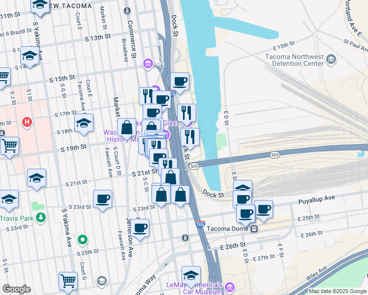 map of restaurants, bars, coffee shops, grocery stores, and more near 1988 Dock Street in Tacoma