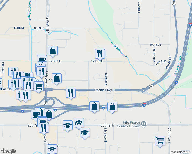 map of restaurants, bars, coffee shops, grocery stores, and more near 1316 62nd Avenue East in Fife
