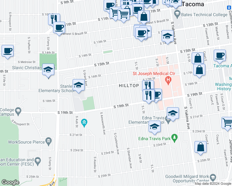 map of restaurants, bars, coffee shops, grocery stores, and more near 1731 South Cushman Avenue in Tacoma