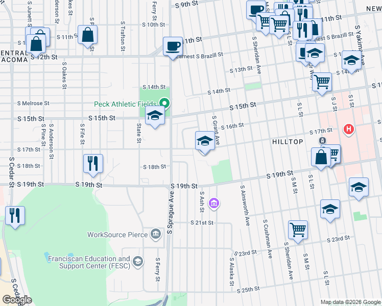 map of restaurants, bars, coffee shops, grocery stores, and more near 1801 South Hosmer Street in Tacoma