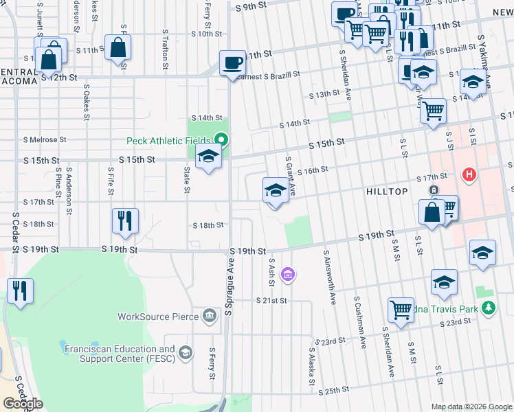 map of restaurants, bars, coffee shops, grocery stores, and more near 1801 South Hosmer Street in Tacoma