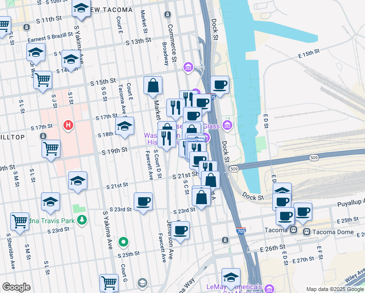 map of restaurants, bars, coffee shops, grocery stores, and more near 1902 Commerce Street in Tacoma