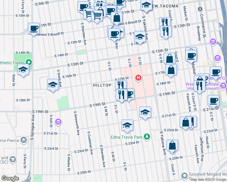 map of restaurants, bars, coffee shops, grocery stores, and more near 1912 South 18th Street in Tacoma