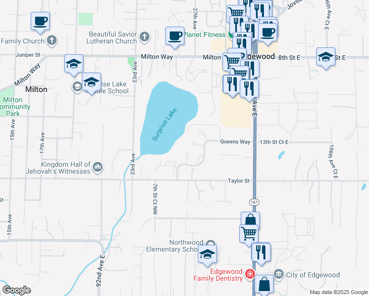 map of restaurants, bars, coffee shops, grocery stores, and more near 2817 Queens Way in Milton