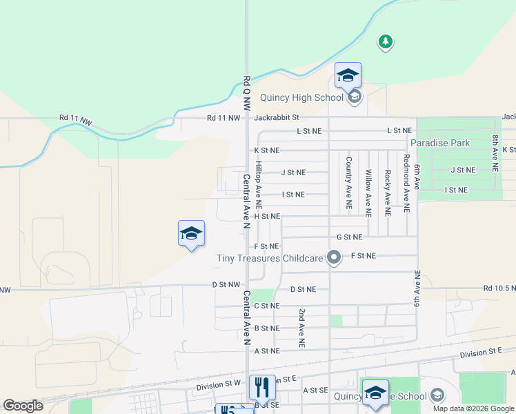 map of restaurants, bars, coffee shops, grocery stores, and more near 907 Hilltop Ave NE in Quincy