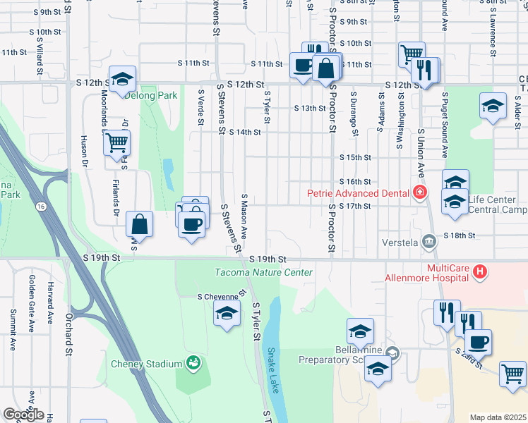 map of restaurants, bars, coffee shops, grocery stores, and more near 1724 South Tyler Street in Tacoma