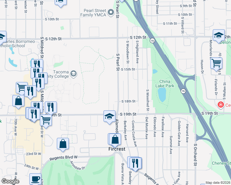 map of restaurants, bars, coffee shops, grocery stores, and more near 1702 South Pearl Street in Tacoma