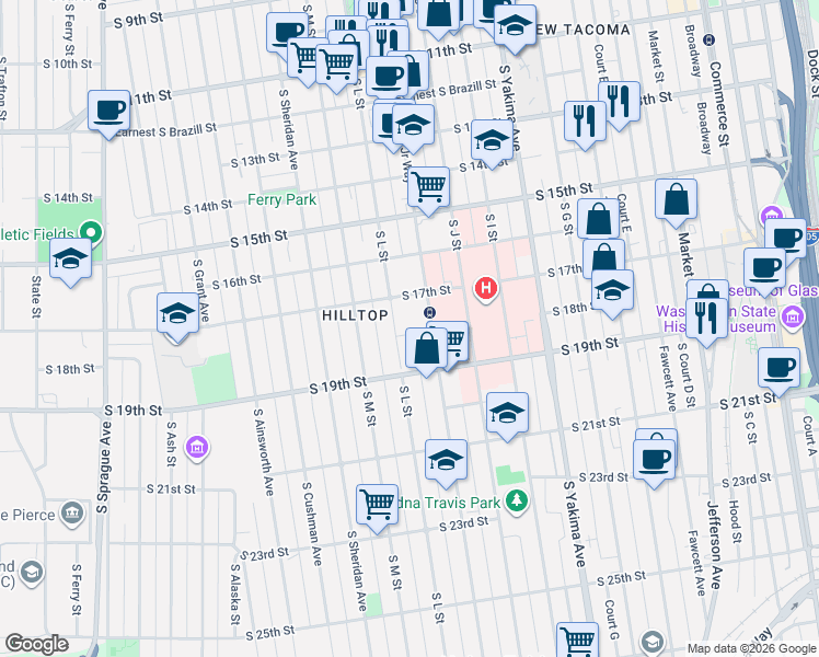 map of restaurants, bars, coffee shops, grocery stores, and more near 1701 South L Street in Tacoma