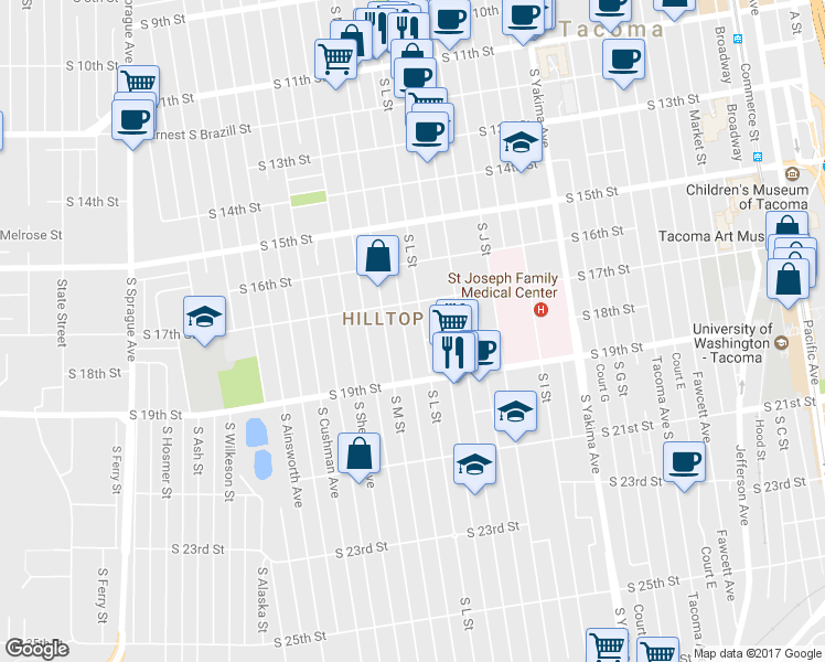map of restaurants, bars, coffee shops, grocery stores, and more near 1720 South L Street in Tacoma
