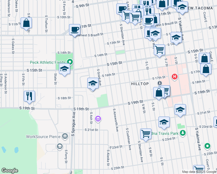 map of restaurants, bars, coffee shops, grocery stores, and more near 1702 South Ainsworth Avenue in Tacoma
