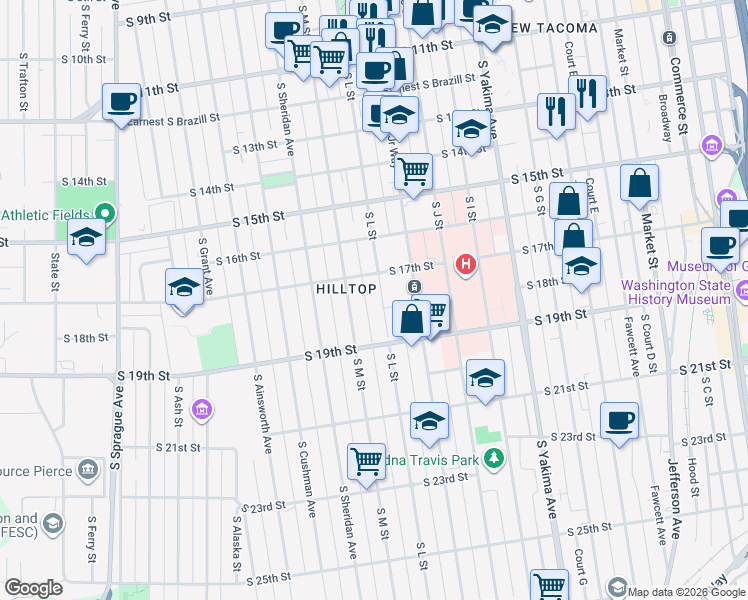 map of restaurants, bars, coffee shops, grocery stores, and more near 1216 South 17th Street in Tacoma
